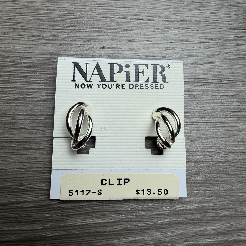 Vintage Napier Silver Tone Clip On Earrings Interlocking Hoop‎ Twisted New